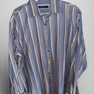 Men's Striped Casual Button-Down Shirt - Blue & Brown